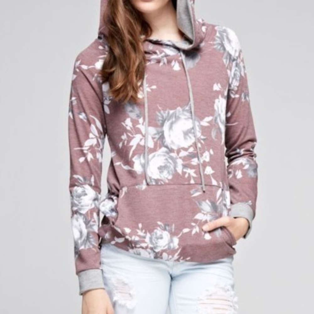 Mauve Gray Rose Floral Hoodie - Picture 7 of 8